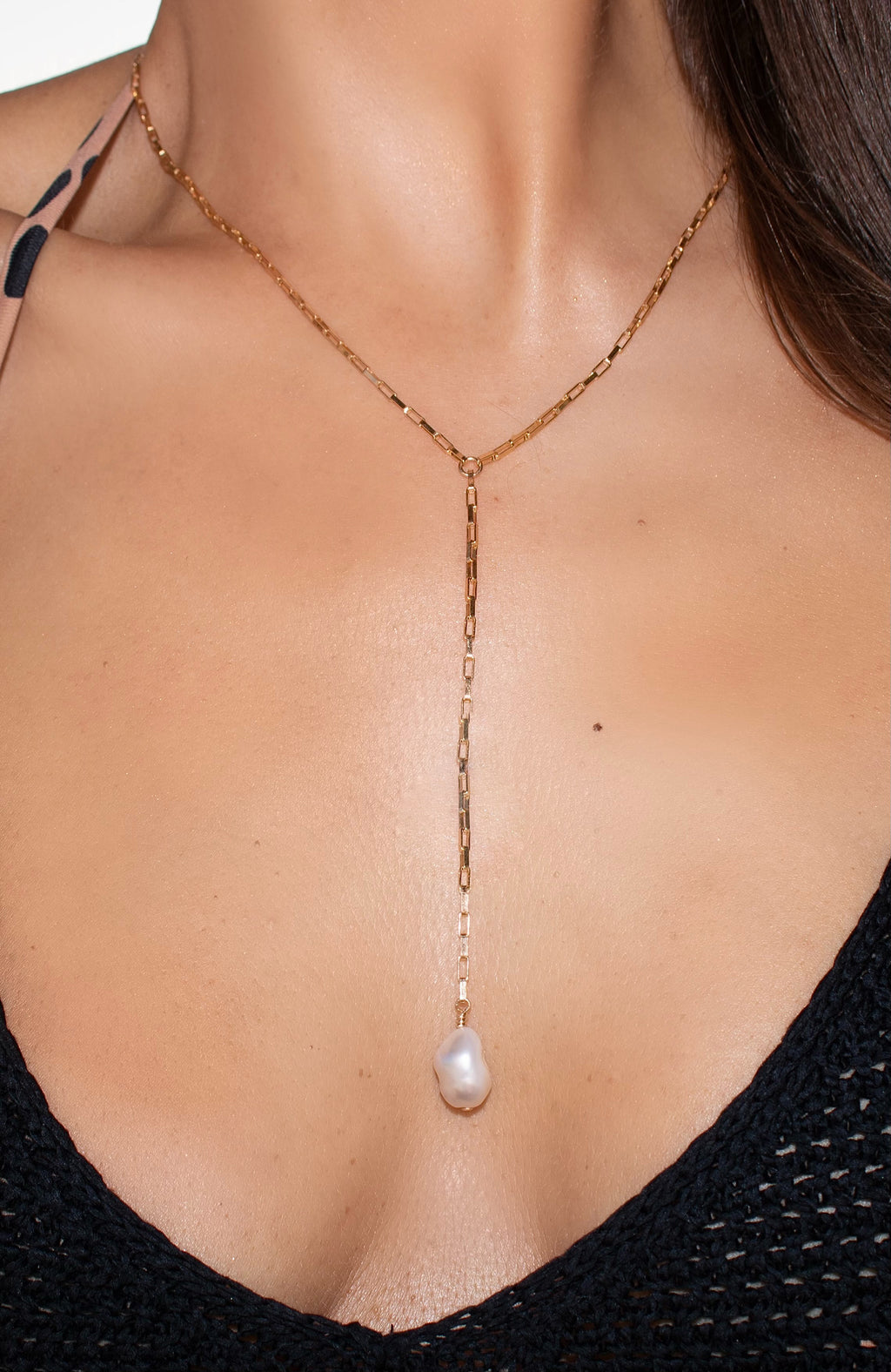 Golden Pearl Lariat Necklace
