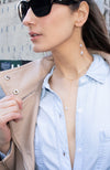 Tanja Plecas wearing Plecas blue lace agate earrings and necklace 